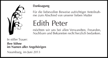 Traueranzeige von Edith Peter von Mitteldeutsche Zeitung Naumburg/Nebra