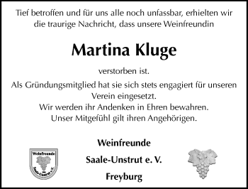 Traueranzeige von Martina Kluge von Mitteldeutsche Zeitung Naumburg/Nebra