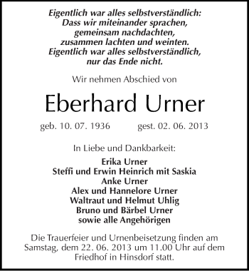 Traueranzeige von Eberhard Urner von Mitteldeutsche Zeitung Köthen