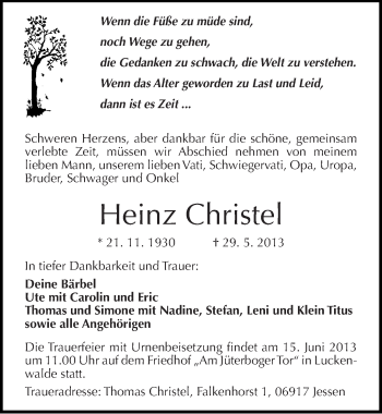 Traueranzeige von Heinz Christel von Mitteldeutsche Zeitung Wittenberg