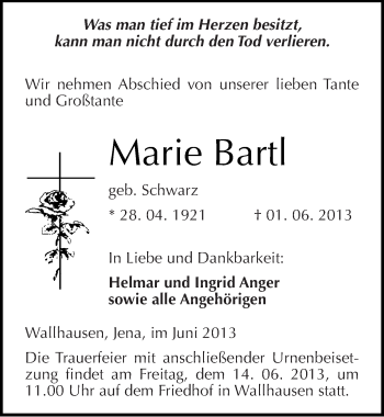 Traueranzeige von Marie Bartl von Mitteldeutsche Zeitung Sangerhausen