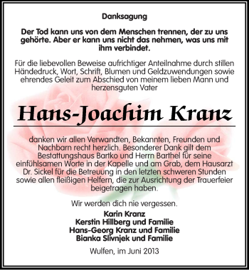 Traueranzeige von Hans-Joachim Kranz von Mitteldeutsche Zeitung Köthen