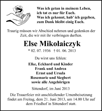 Traueranzeige von Else Mikolaiczyk von Mitteldeutsche Zeitung Sangerhausen