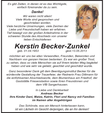 Traueranzeige von Kerstin Becker-Zunkel von Mitteldeutsche Zeitung Sangerhausen