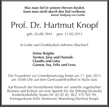Traueranzeige von Hartmut Knopf von Mitteldeutsche Zeitung Halle/Saalkreis
