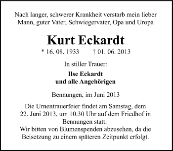 Traueranzeige von Kurt Eckardt von Mitteldeutsche Zeitung Sangerhausen