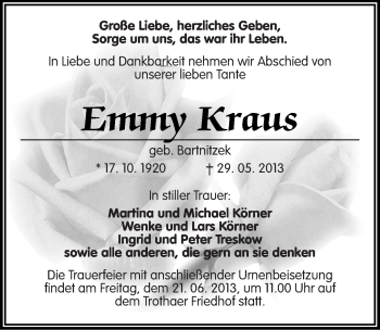 Traueranzeige von Emmy Kraus von Mitteldeutsche Zeitung Halle/Saalkreis