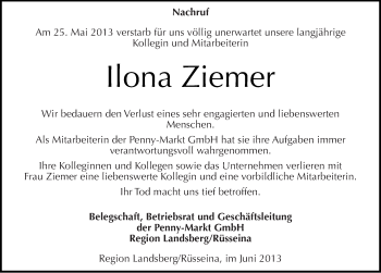 Traueranzeige von Ilona Ziemer von Mitteldeutsche Zeitung