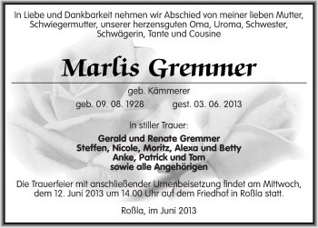 Traueranzeige von Marlis Gremmer von Mitteldeutsche Zeitung Sangerhausen