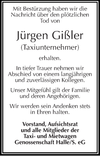 Traueranzeige von Jürgen Gißler von Mitteldeutsche Zeitung Halle/Saalkreis