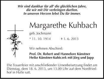 Traueranzeige von Margarethe Kuhbach von Mitteldeutsche Zeitung