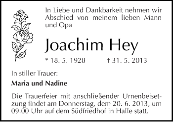 Traueranzeige von Joachim Hey von Mitteldeutsche Zeitung Halle/Saalkreis