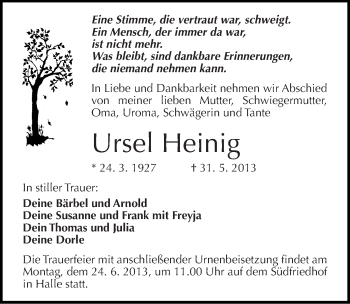 Traueranzeige von Ursel Heinig von Mitteldeutsche Zeitung Halle/Saalkreis