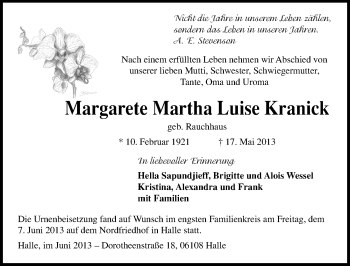 Traueranzeige von Margarete Martha Luise Kranick von Mitteldeutsche Zeitung Halle/Saalkreis