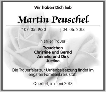 Traueranzeige von Martin Peuschel von Mitteldeutsche Zeitung Merseburg/Querfurt