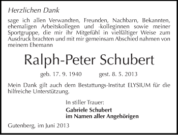 Traueranzeige von Ralph-Peter Schubert von Mitteldeutsche Zeitung Halle/Saalkreis
