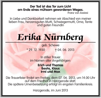 Traueranzeige von Erika Nürnberg von Mitteldeutsche Zeitung Quedlinburg