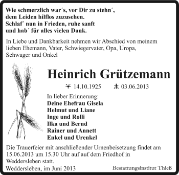 Traueranzeige von Heinrich Grützemann von Mitteldeutsche Zeitung Quedlinburg