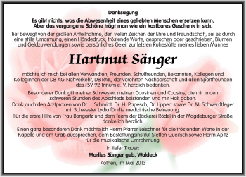 Traueranzeige von Hartmut Sänger von Mitteldeutsche Zeitung Köthen