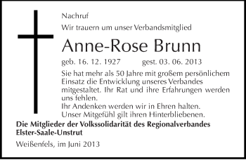 Traueranzeige von Anne-Rose Brunn von Mitteldeutsche Zeitung Weißenfels
