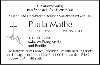Traueranzeige von Paula Mathé von Mitteldeutsche Zeitung Wittenberg