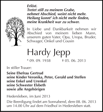 Traueranzeige von Hardy Jepp von Mitteldeutsche Zeitung Aschersleben