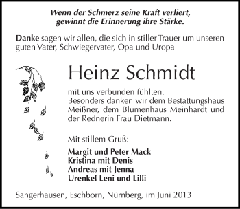 Traueranzeige von Heinz Schmidt von Mitteldeutsche Zeitung Sangerhausen
