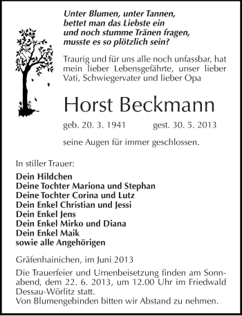 Traueranzeige von Horst Beckmann von Mitteldeutsche Zeitung Wittenberg