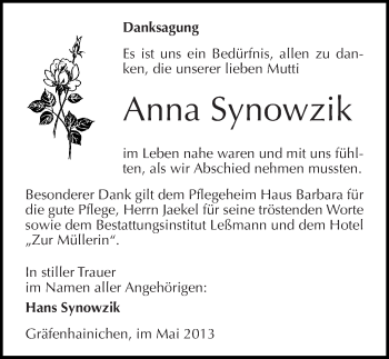 Traueranzeige von Anna Synowzik von Mitteldeutsche Zeitung Wittenberg