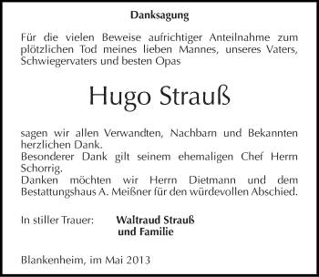 Traueranzeige von Hugo Strauß von Mitteldeutsche Zeitung Sangerhausen