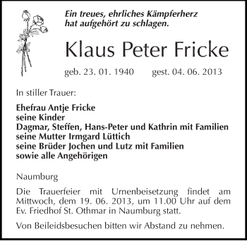 Traueranzeige von Klaus Peter Fricke von Mitteldeutsche Zeitung Naumburg/Nebra