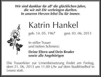 Traueranzeige von Katrin Hankel von Mitteldeutsche Zeitung Merseburg/Querfurt