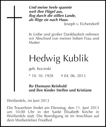 Traueranzeige von Hedwig Kublik von Mitteldeutsche Zeitung Weißenfels