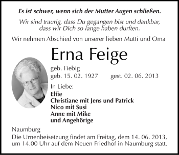 Traueranzeige von Erna Feige von Mitteldeutsche Zeitung Naumburg/Nebra