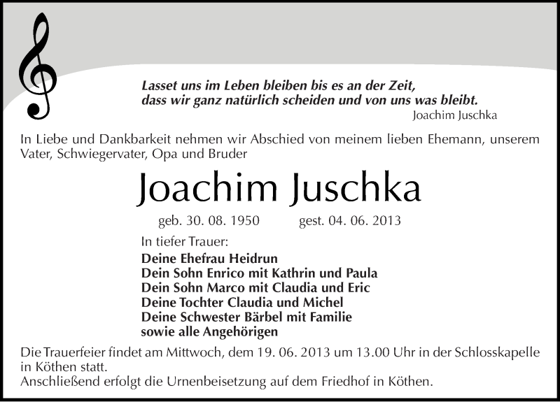  Traueranzeige für Joachim Juschka vom 08.06.2013 aus Mitteldeutsche Zeitung Köthen