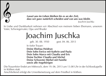 Traueranzeige von Joachim Juschka von Mitteldeutsche Zeitung Köthen
