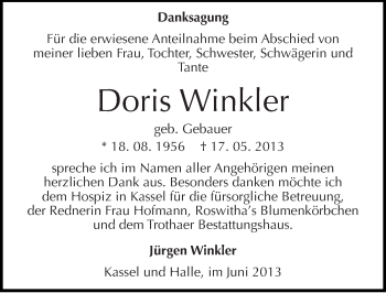 Traueranzeige von Doris Winkler von Mitteldeutsche Zeitung Halle/Saalkreis