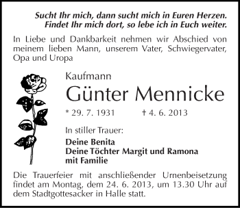 Traueranzeige von Günter Mennicke von Mitteldeutsche Zeitung Halle/Saalkreis