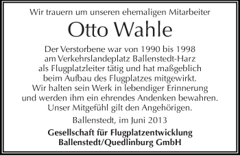 Traueranzeige von Otto Wahle von Mitteldeutsche Zeitung Quedlinburg