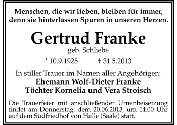 Traueranzeige von Gertrud Franke von Mitteldeutsche Zeitung Halle/Saalkreis