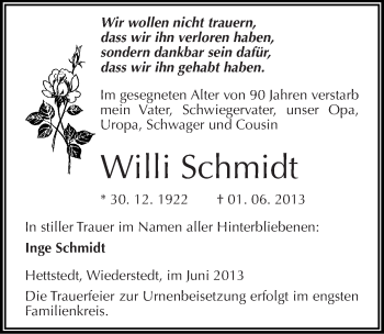 Traueranzeige von Willi Schmidt von Mitteldeutsche Zeitung Aschersleben