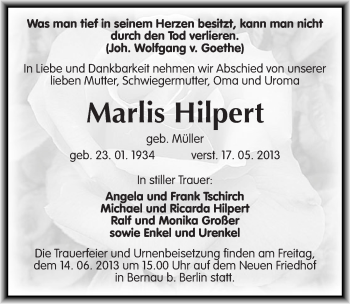 Traueranzeige von Marlis Hilpert von Mitteldeutsche Zeitung Aschersleben