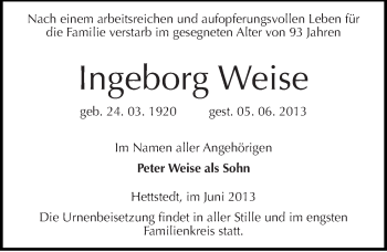 Traueranzeige von Ingeborg Weise von Mitteldeutsche Zeitung Aschersleben