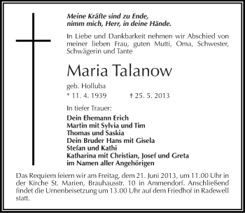 Traueranzeige von Maria Talanow von Mitteldeutsche Zeitung Halle/Saalkreis