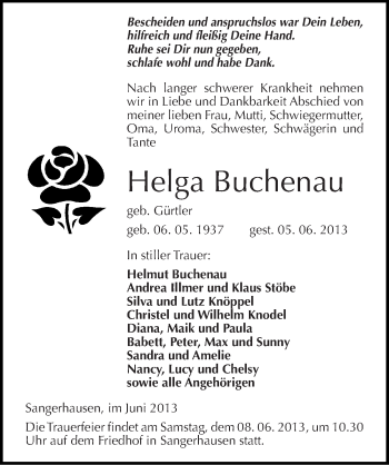 Traueranzeige von Helga Buchenau von Mitteldeutsche Zeitung Sangerhausen