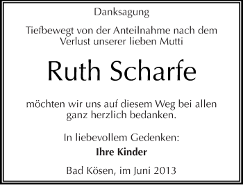 Traueranzeige von Ruth Scharfe von Mitteldeutsche Zeitung Naumburg/Nebra