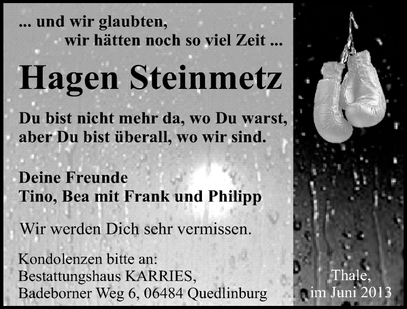  Traueranzeige für Hagen Steinmetz vom 08.06.2013 aus Mitteldeutsche Zeitung Quedlinburg