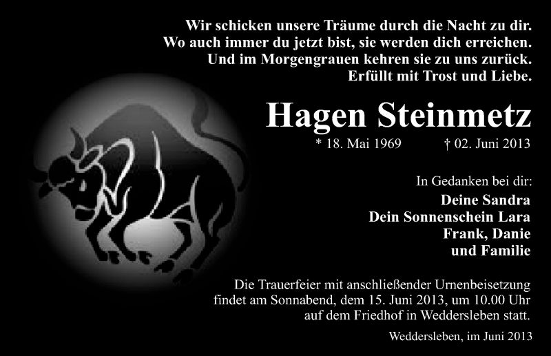  Traueranzeige für Hagen Steinmetz vom 08.06.2013 aus Mitteldeutsche Zeitung Quedlinburg