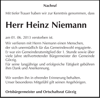 Traueranzeige von Heinz Niemann von Mitteldeutsche Zeitung Köthen