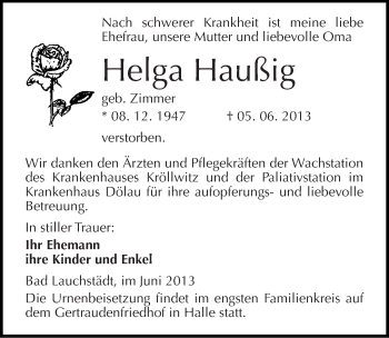 Traueranzeige von Helga Haußig von Mitteldeutsche Zeitung